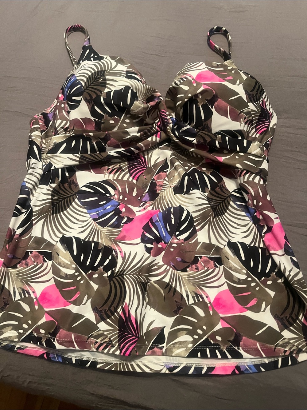 Island Escape Floral Leaf Print Swim Camisole in Pink, Black & Brown